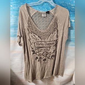 Harley-Davidson Taupe Short Sleeve Lace Accent Tee
